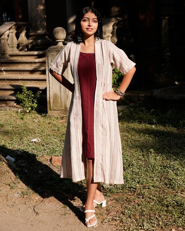 Maroon Checkered Maternity Dress with Shrug