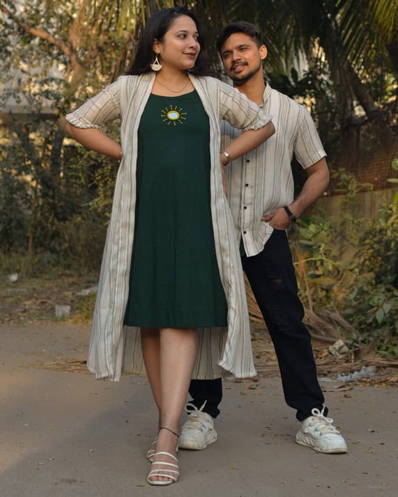 Green Mirror Dress With Shrug Couple Set
