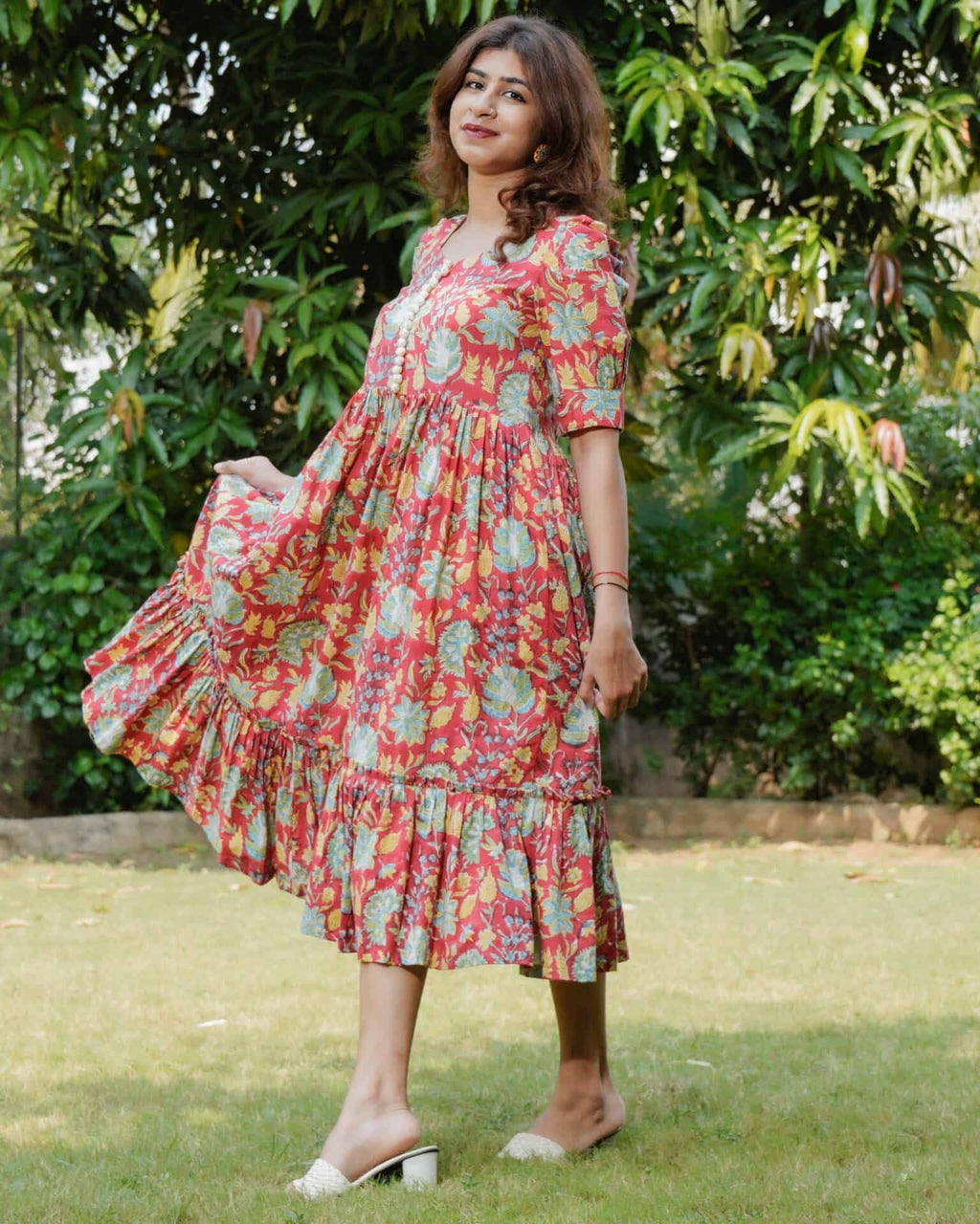 Leafing Red Floral Dress