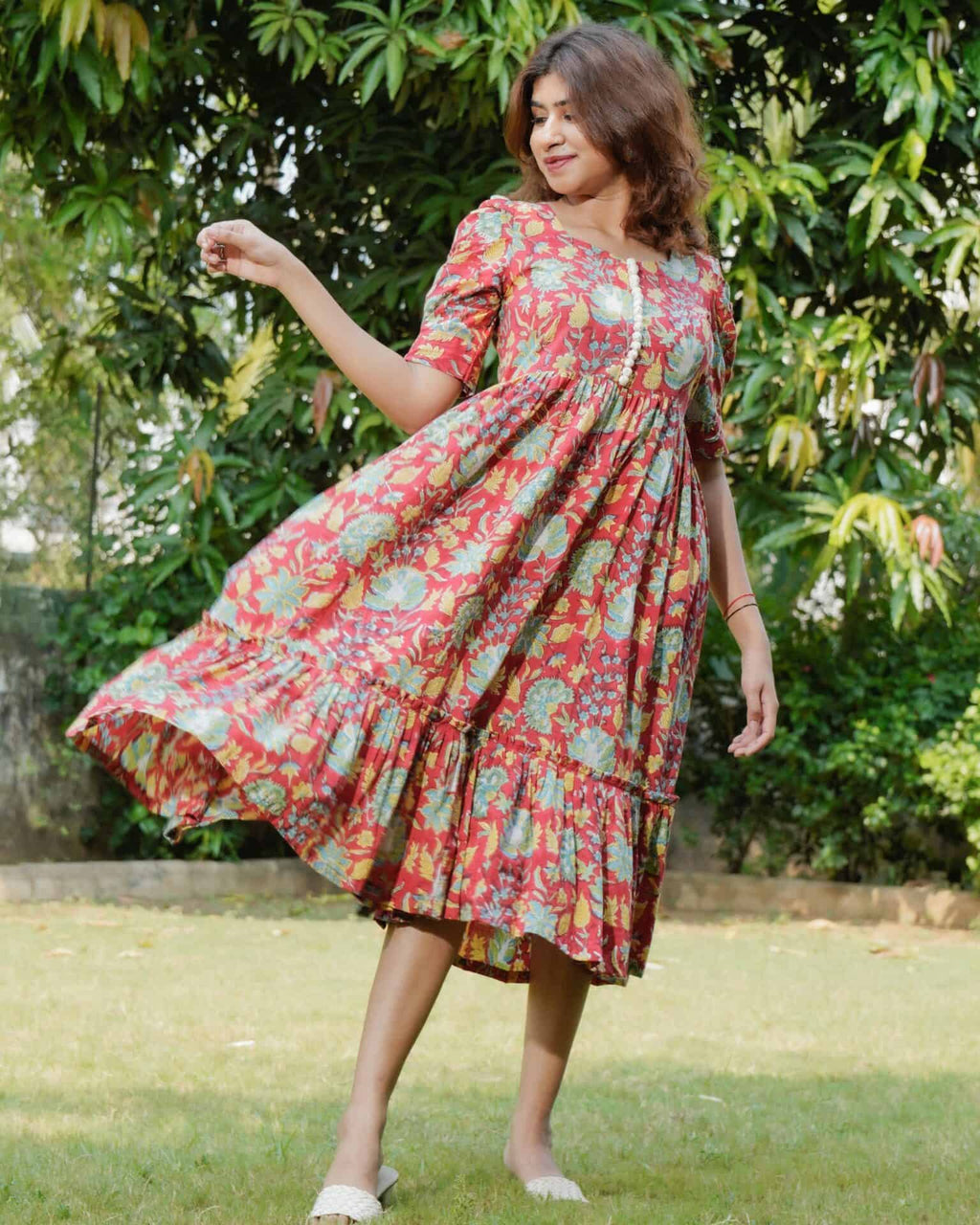 Leafing Red Floral Dress