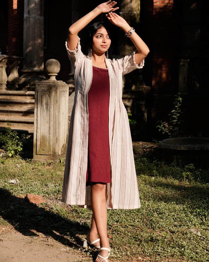 Maroon Checkered Maternity Dress with Shrug