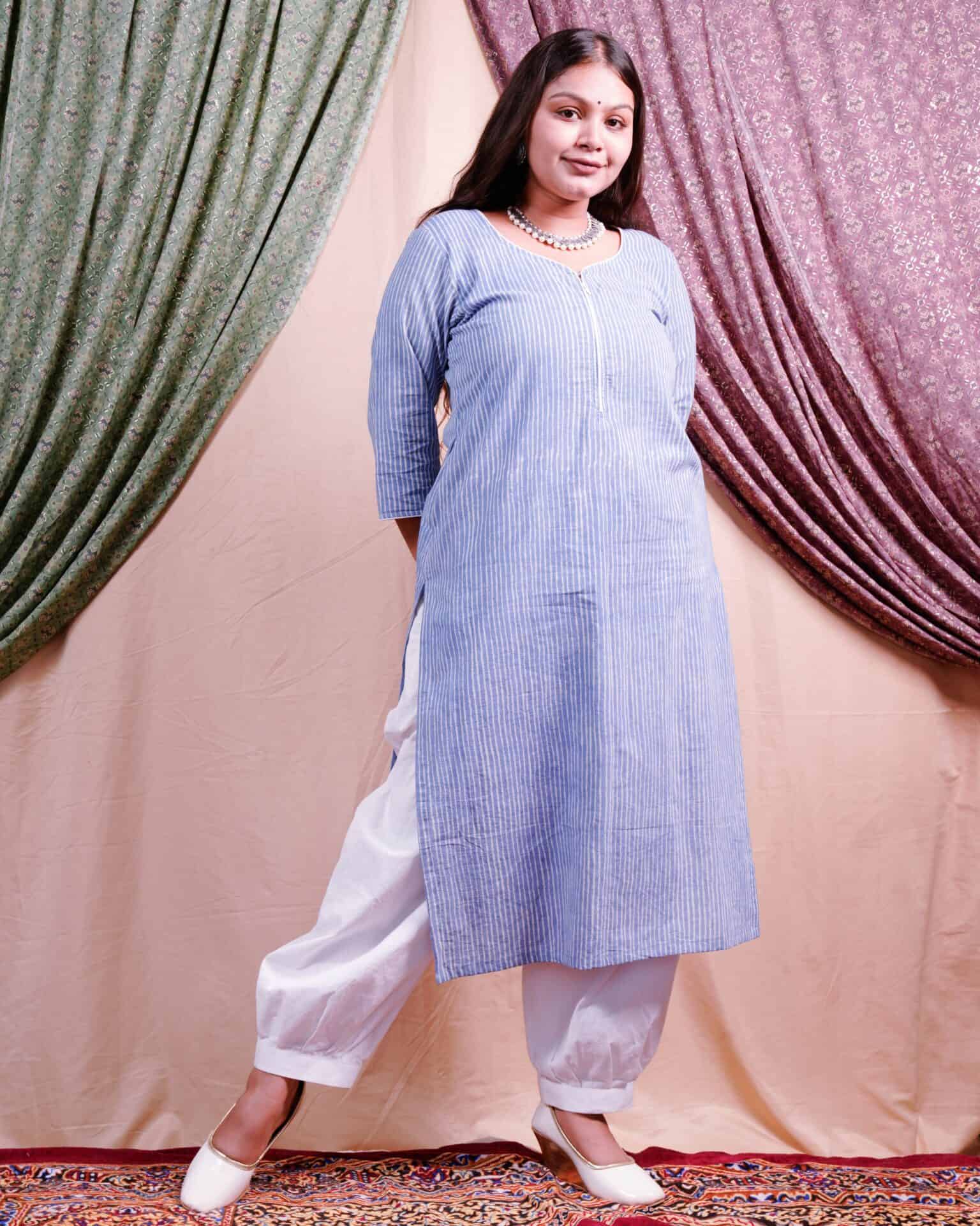 Powder blue stripes maternity kurti