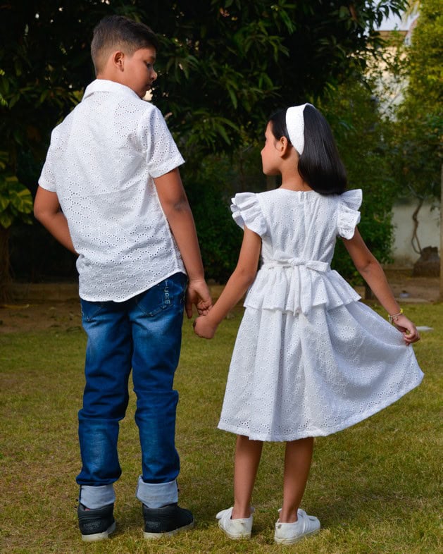 White Cutwork Short Mom Kid Twinning