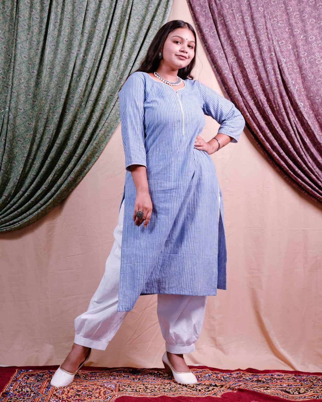 Powder blue stripes maternity kurti