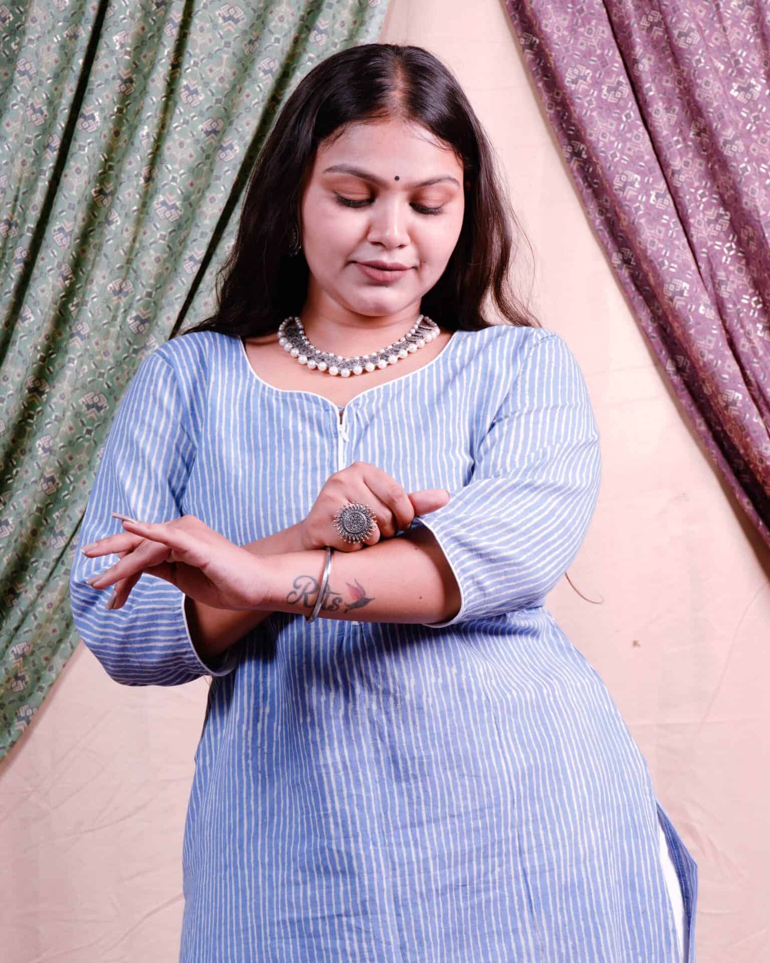 Powder blue stripes maternity kurti