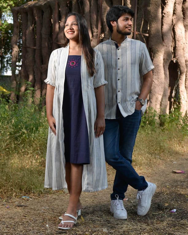 Navy Mirror Dress with Shrug Couple Set