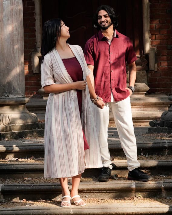 Maroon Checkered Dress with Shrug Family Set