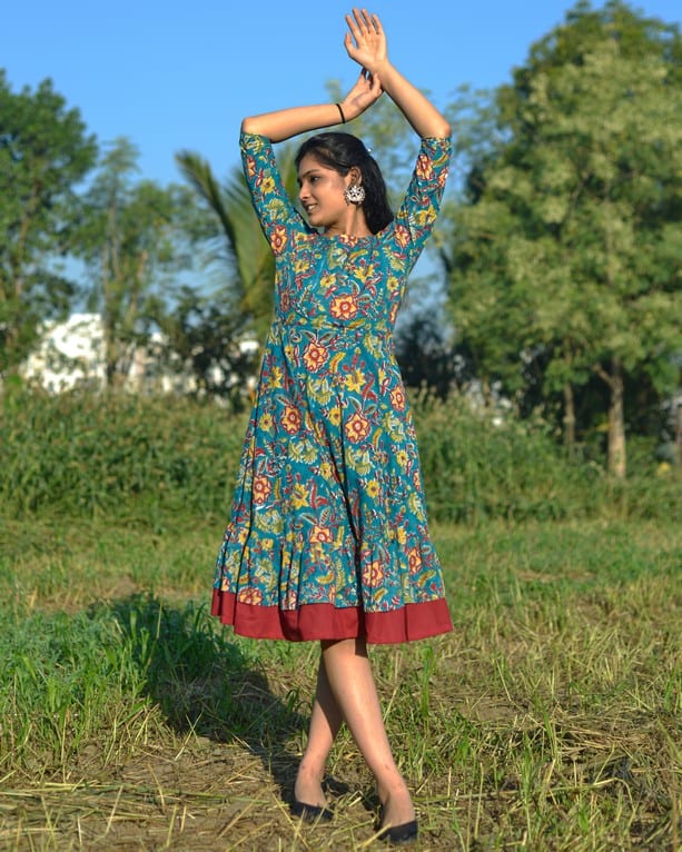 Turquoise Floral Frill Dress