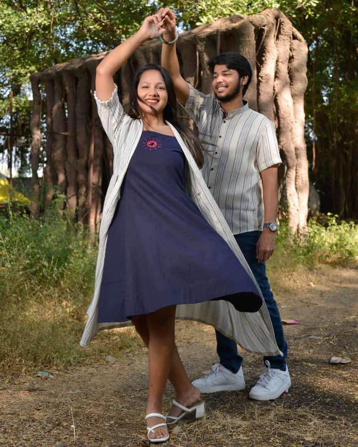 Navy Mirror Dress with Shrug Couple Set