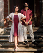 Maroon Checkered Dress with Shrug Couple Set