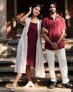 Maroon Checkered Dress with Shrug Family Set