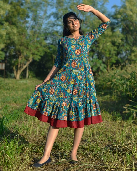 Turquoise Floral Frill Dress
