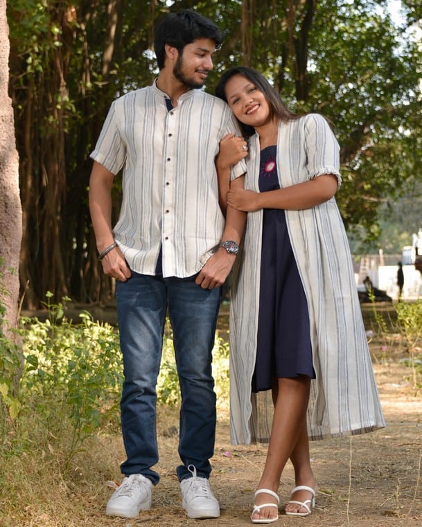 Navy Mirror Dress with Shrug Couple Set