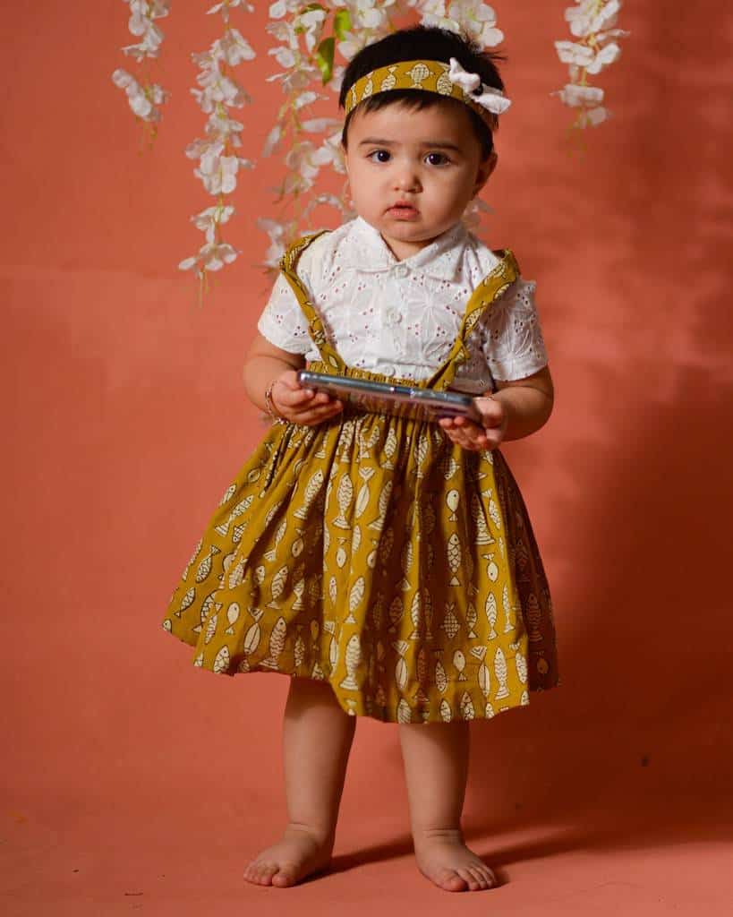 Yellow Fish Print Skirt with White Shirt