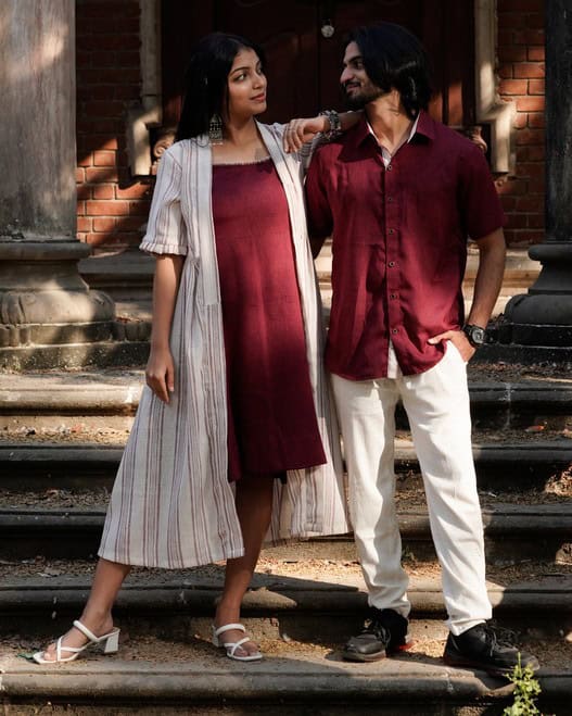 Maroon Checkered Dress with Shrug Family Set
