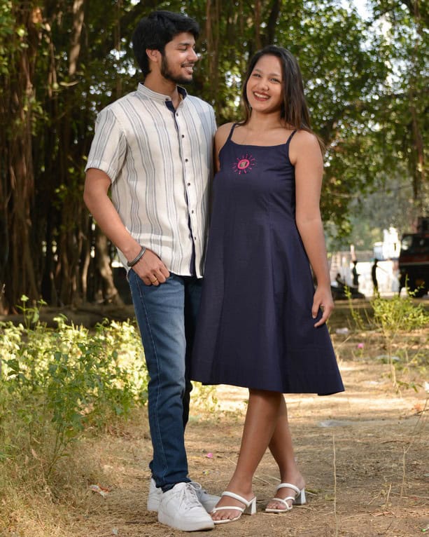 Navy Mirror Dress with Shrug Couple Set