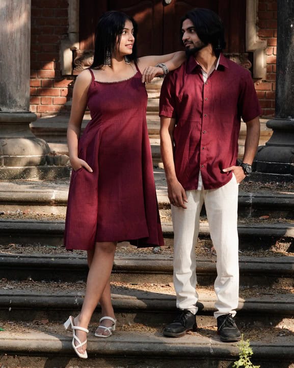 Maroon Checkered Dress with Shrug Family Set