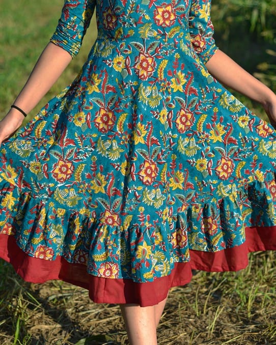 Turquoise Floral Frill Dress