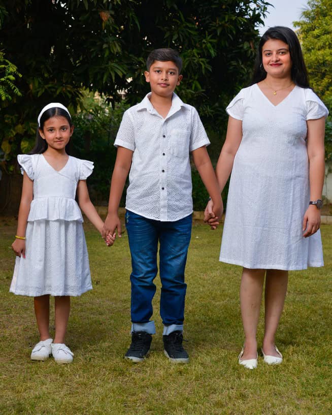 White Cutwork Short Mom Kid Twinning