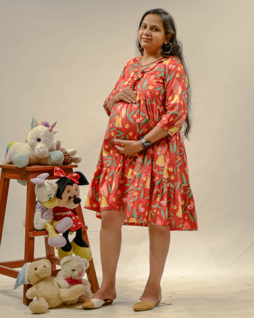 Red Bird Short Maternity Dress
