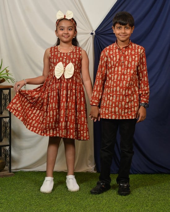 Red Fish Print Sharara Family Set