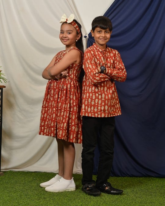 Red Fish Print Sharara Mom Kid Twinning
