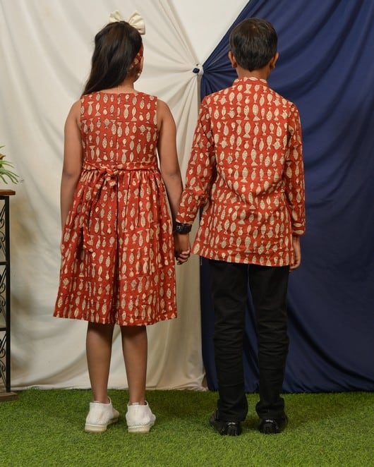 Red Fish Print Sharara Mom Kid Twinning