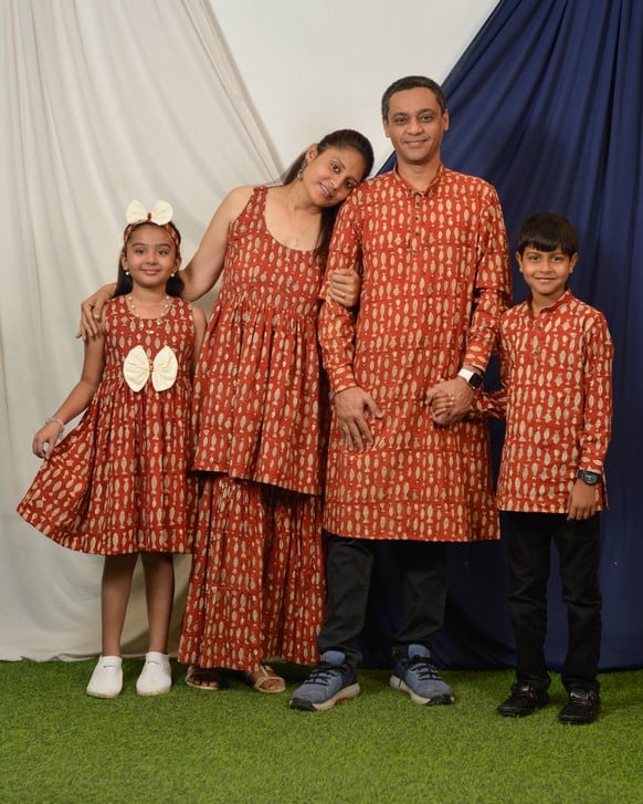 Red Fish Print Sharara Family Set