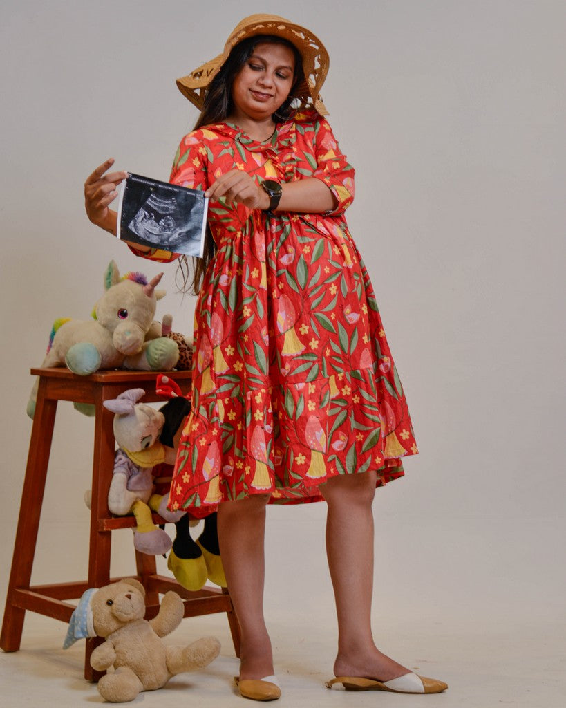 Red Bird Short Maternity Dress