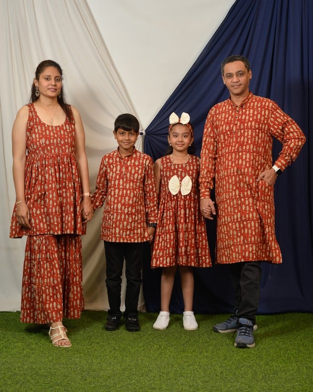 Red Fish Print Sharara Family Set