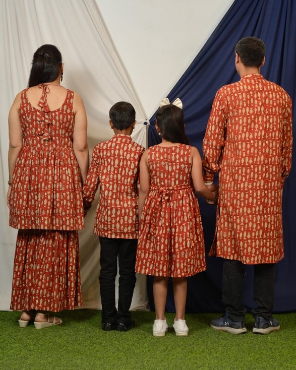 Red Fish Print Sharara Family Set
