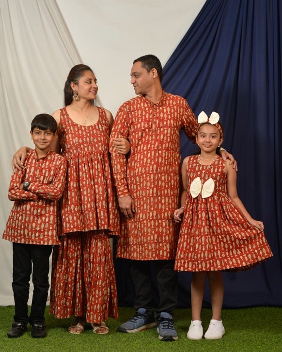 Red Fish Print Sharara Family Set