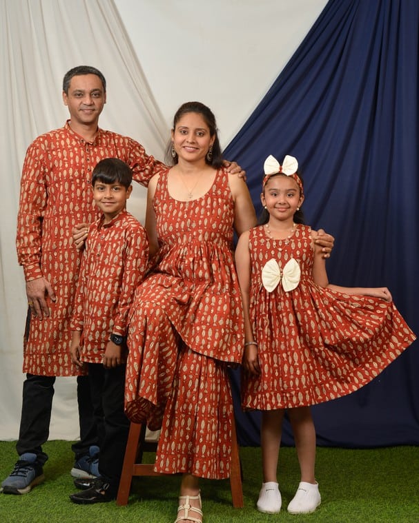Red Fish Print Sharara Family Set