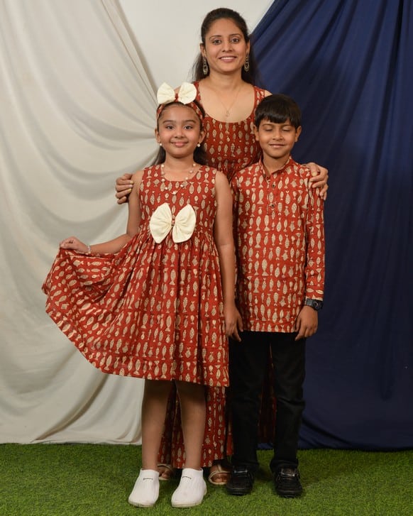 Red Fish Print Sharara Mom Kid Twinning