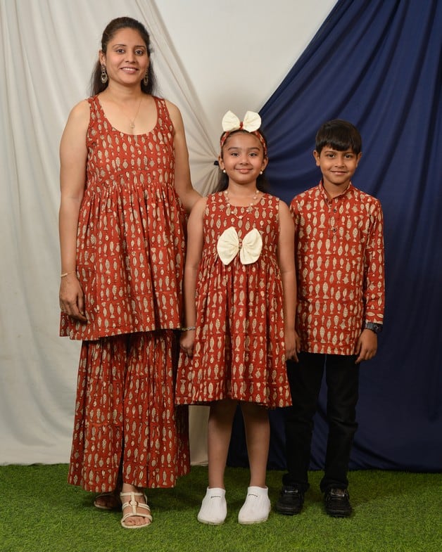 Red Fish Print Sharara Mom Kid Twinning