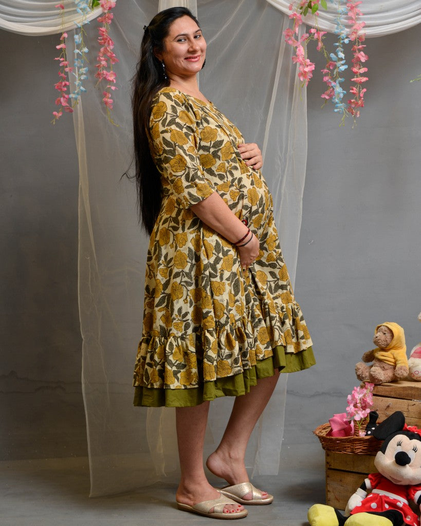 Yellow Cannas Frill Maternity Dress