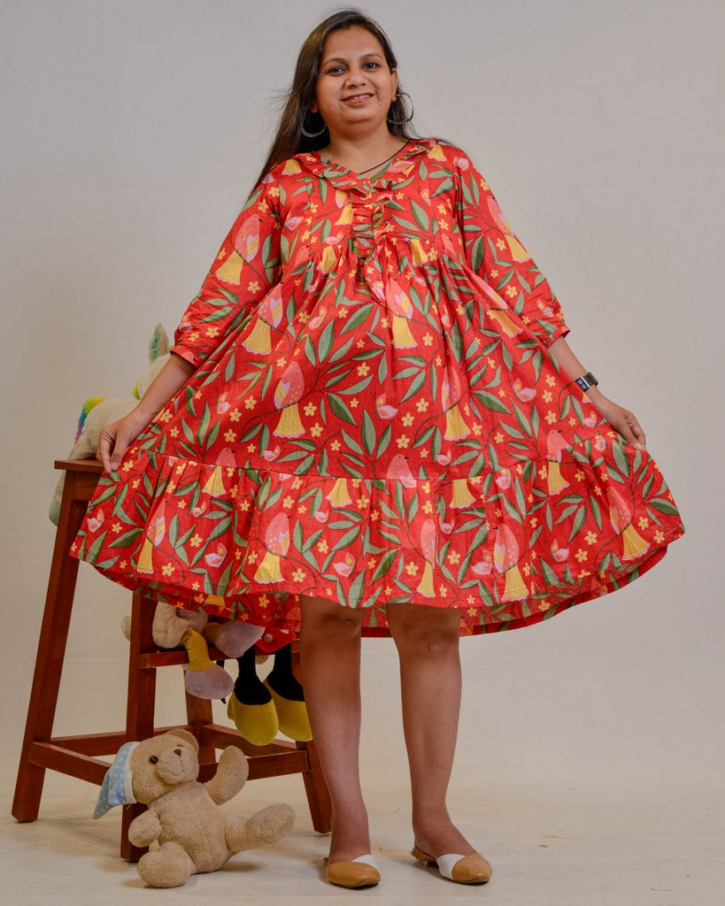 Red Bird Short Maternity Dress