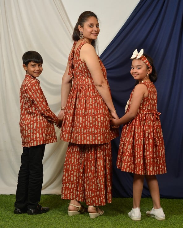 Red Fish Print Sharara Mom Kid Twinning