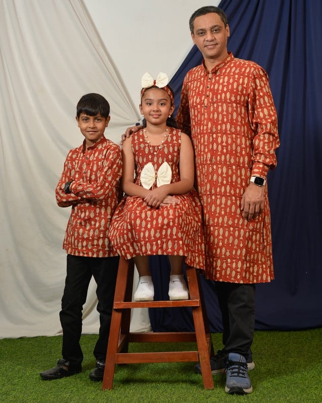 Red fish Long Kurta Father Kid Twining