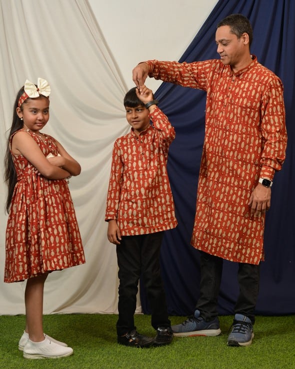 Red fish Long Kurta Father Kid Twining
