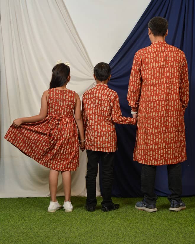 Red fish Long Kurta Father Kid Twining