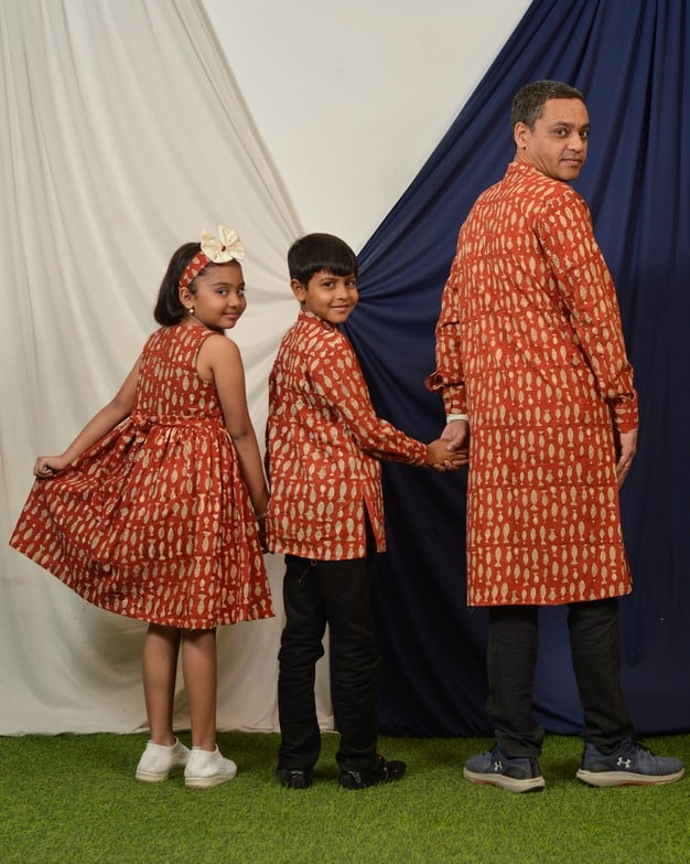 Red fish Long Kurta Father Kid Twining