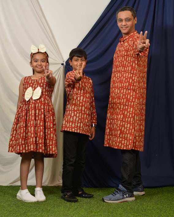 Red fish Long Kurta Father Kid Twining