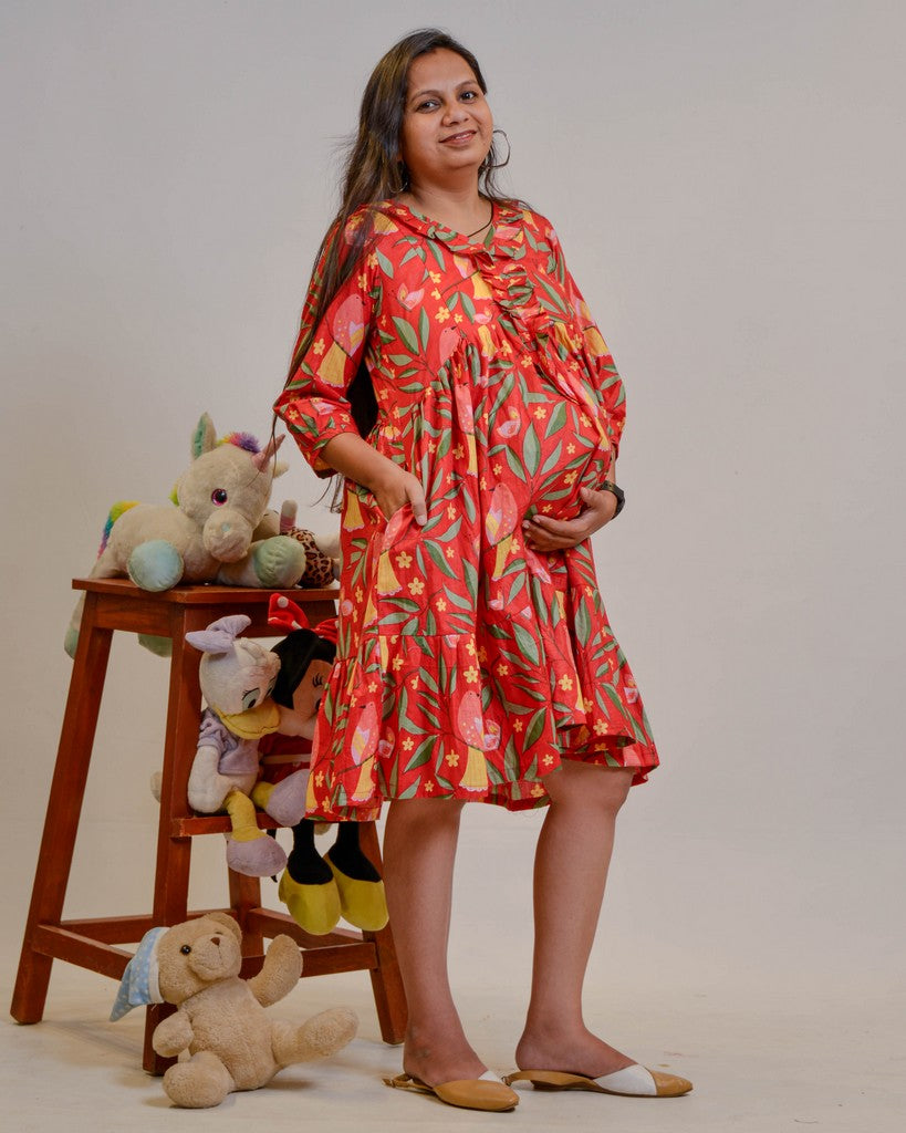 Red Bird Short Maternity Dress Main image